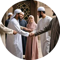 Diverse group of Muslim professionals in thobes and hijabs greeting each other with a handshake in a traditional architectural setting.
